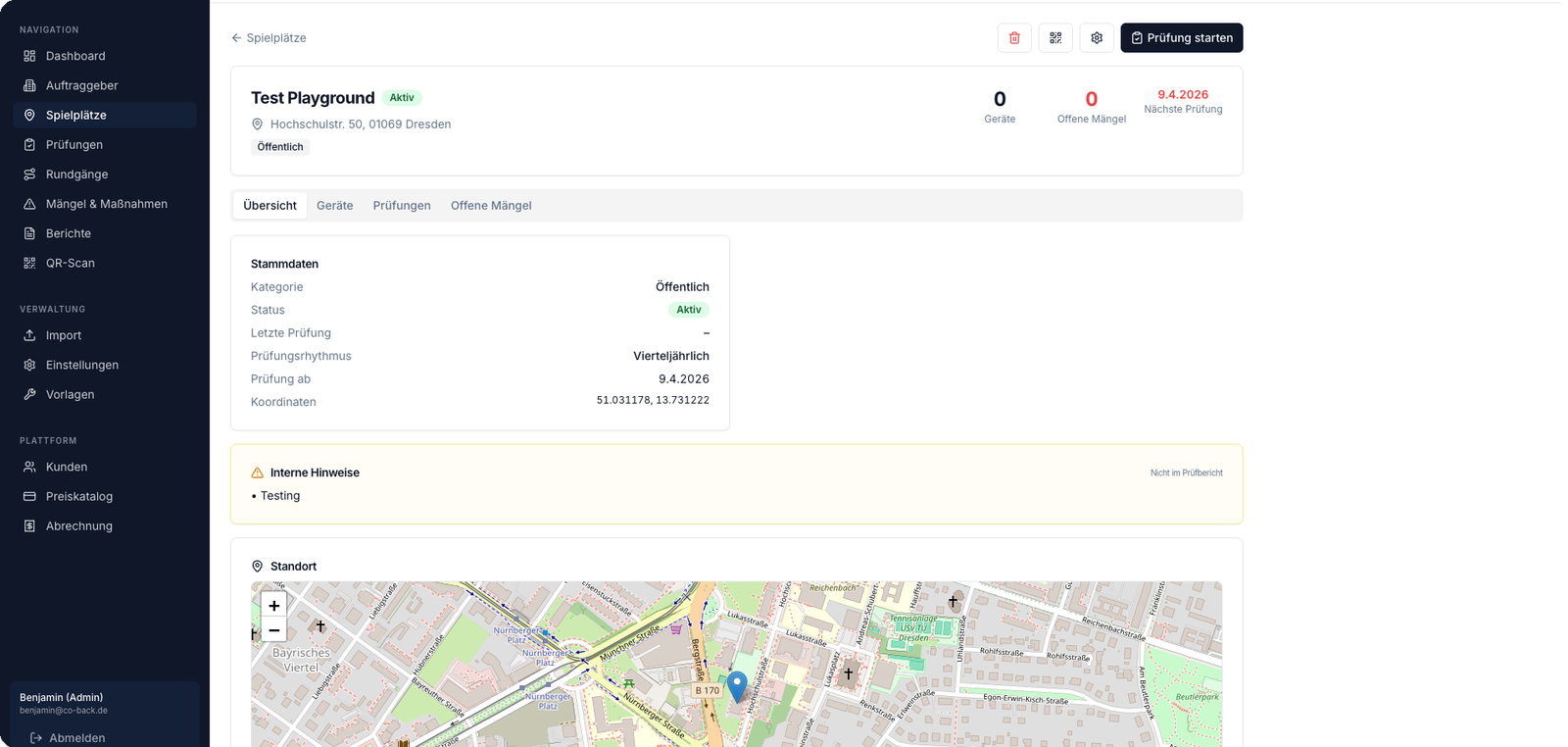 Spielplatz-Detailansicht mit Stammdaten, Standort und internen Hinweisen